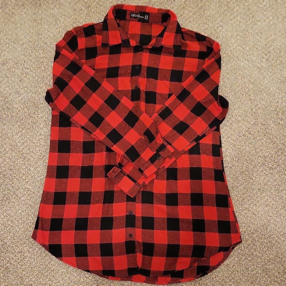 Zanzea Women's US 14 Red Black Plaid Flannel Button-Up Shirt 100% Cotton